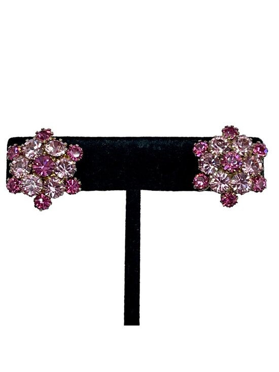 Unbranded Jewelry - Pink Rhinestone Earrings Two Toned Prong Set Cluster Vintage Clip On Gold Tone